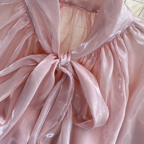 New V-neck Solid Color Bowknot Lantern Sleeves Loose Fashion Elegant Top CODE: KAR2171