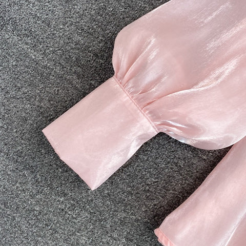 New V-neck Solid Color Bowknot Lantern Sleeves Loose Fashion Elegant Top CODE: KAR2171