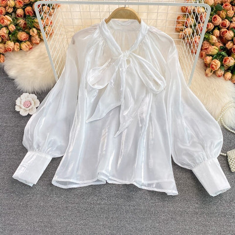 New V-neck Solid Color Bowknot Lantern Sleeves Loose Fashion Elegant Top CODE: KAR2171