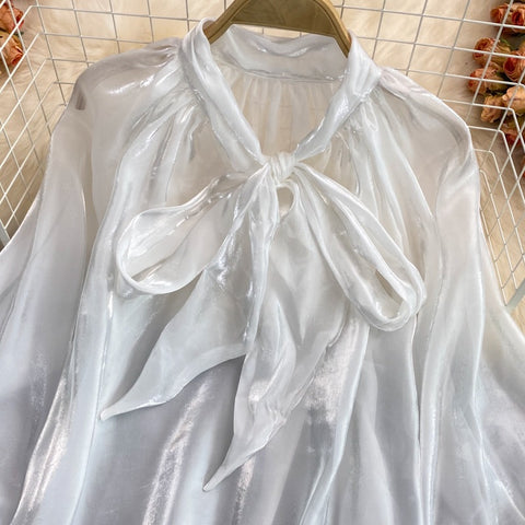 New V-neck Solid Color Bowknot Lantern Sleeves Loose Fashion Elegant Top CODE: KAR2171