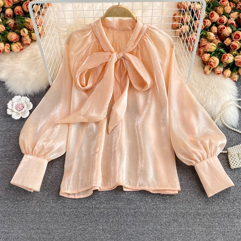 New V-neck Solid Color Bowknot Lantern Sleeves Loose Fashion Elegant Top CODE: KAR2171