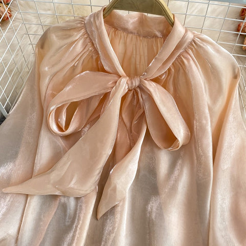 New V-neck Solid Color Bowknot Lantern Sleeves Loose Fashion Elegant Top CODE: KAR2171
