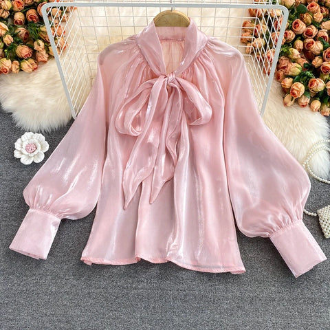 New V-neck Solid Color Bowknot Lantern Sleeves Loose Fashion Elegant Top CODE: KAR2171
