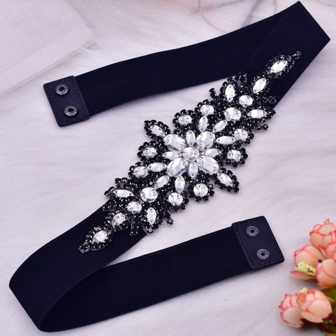 Luxury Design Fashion Rhinestone Girdle Shiny Black Elastic Stretch Waist Belt CODE: KAR2174