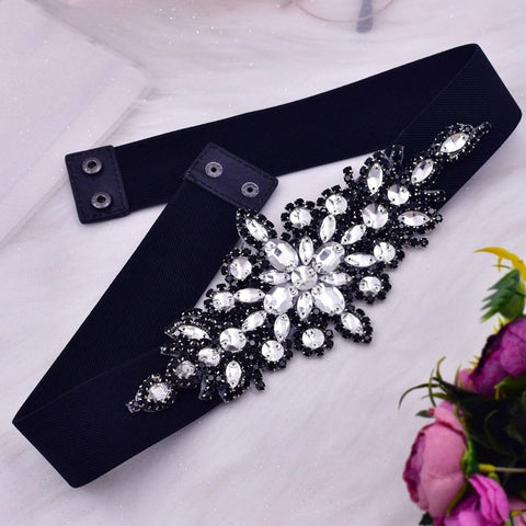 Luxury Design Fashion Rhinestone Girdle Shiny Black Elastic Stretch Waist Belt CODE: KAR2174