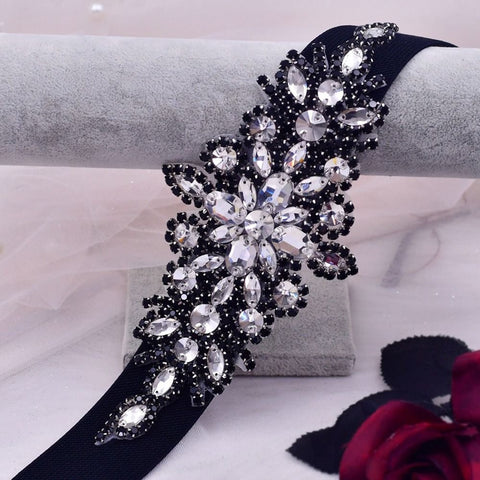 Luxury Design Fashion Rhinestone Girdle Shiny Black Elastic Stretch Waist Belt CODE: KAR2174