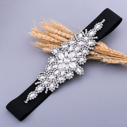 Luxury Design Fashion Rhinestone Girdle Shiny Black Elastic Stretch Waist Belt CODE: KAR2174