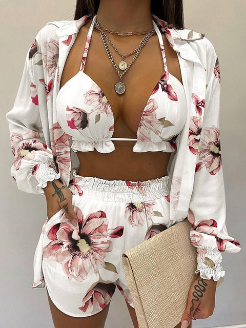 Summer New High Waist Bikini Sexy Shorts Cover Up Print Three Pieces Set Swimwear CODE: KAR2175