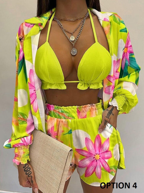 Summer New High Waist Bikini Sexy Shorts Cover Up Print Three Pieces Set Swimwear CODE: KAR2175