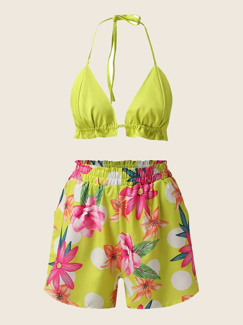 Summer New High Waist Bikini Sexy Shorts Cover Up Print Three Pieces Set Swimwear CODE: KAR2175