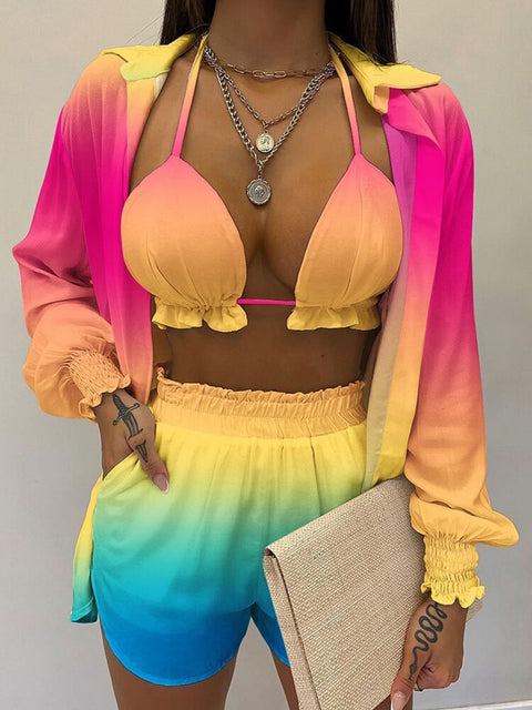 Summer New High Waist Bikini Sexy Shorts Cover Up Print Three Pieces Set Swimwear CODE: KAR2175
