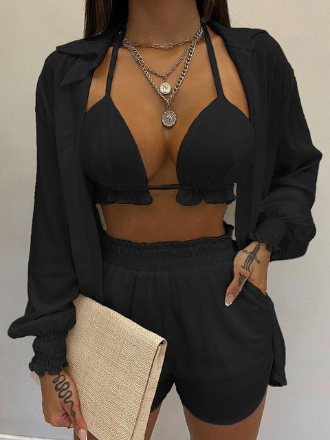 Summer New High Waist Bikini Sexy Shorts Cover Up Print Three Pieces Set Swimwear CODE: KAR2175