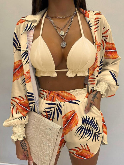 Summer New High Waist Bikini Sexy Shorts Cover Up Print Three Pieces Set Swimwear CODE: KAR2175