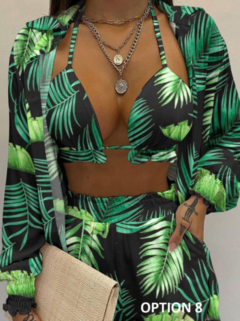 Summer New High Waist Bikini Sexy Shorts Cover Up Print Three Pieces Set Swimwear CODE: KAR2175