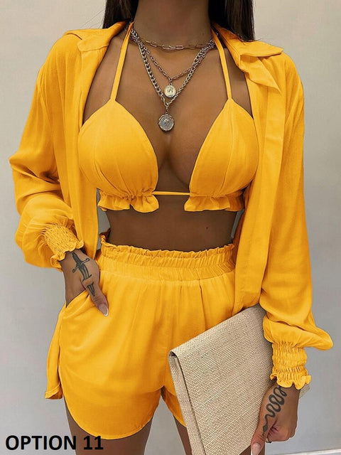 Summer New High Waist Bikini Sexy Shorts Cover Up Print Three Pieces Set Swimwear CODE: KAR2175