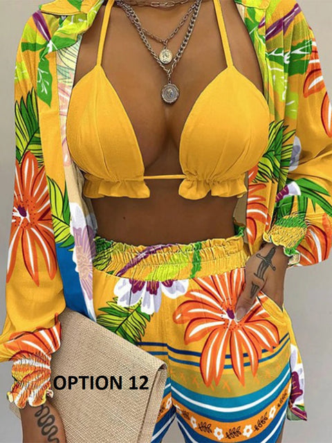 Summer New High Waist Bikini Sexy Shorts Cover Up Print Three Pieces Set Swimwear CODE: KAR2175