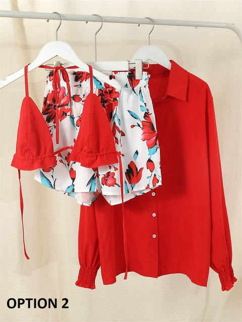 Summer New High Waist Bikini Sexy Shorts Cover Up Print Three Pieces Set Swimwear CODE: KAR2175