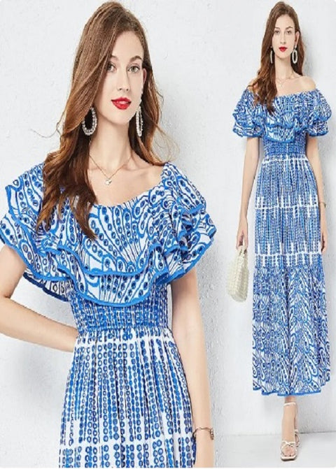 Summer Ruffles Slash Neck Hollow Out Embroidery Long Dress CODE: KAR2176