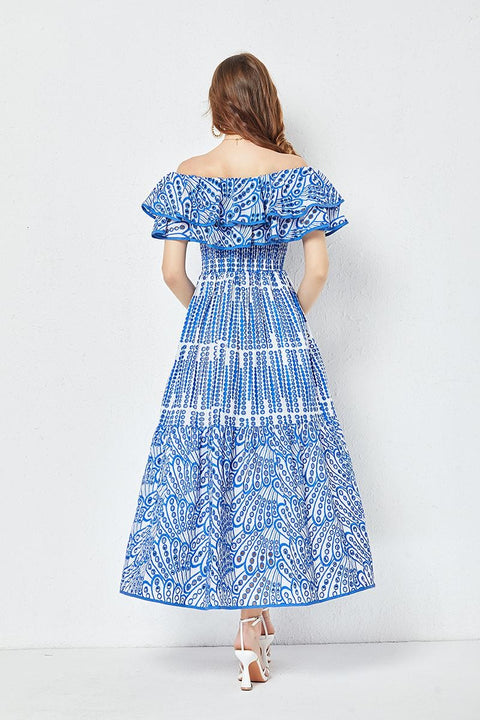 Summer Ruffles Slash Neck Hollow Out Embroidery Long Dress CODE: KAR2176