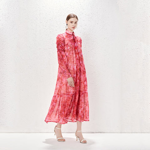 Summer autumn elegant Fashion floral Aesthetic bow collar slim puff long sleeve Dress CODE: KAR2178