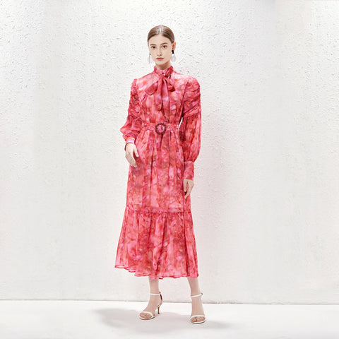 Summer autumn elegant Fashion floral Aesthetic bow collar slim puff long sleeve Dress CODE: KAR2178