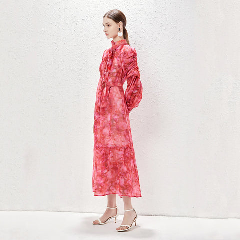 Summer autumn elegant Fashion floral Aesthetic bow collar slim puff long sleeve Dress CODE: KAR2178