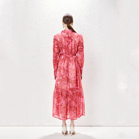 Summer autumn elegant Fashion floral Aesthetic bow collar slim puff long sleeve Dress CODE: KAR2178