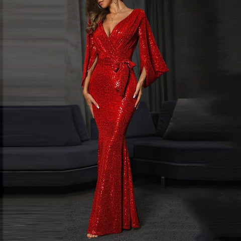 Luxury Sparkly Sexy Deep V-neck Split Banquet Robe Lace-up Cocktail Party Dress CODE: KAR2182