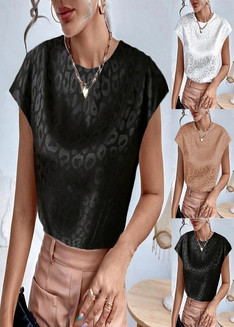 New Elegant Leopard Jacquard Satin O Neck Short Sleeve Casual Loose Top CODE: KAR2184