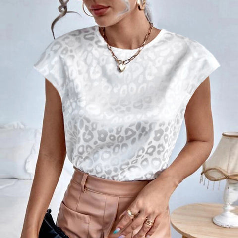 New Elegant Leopard Jacquard Satin O Neck Short Sleeve Casual Loose Top CODE: KAR2184