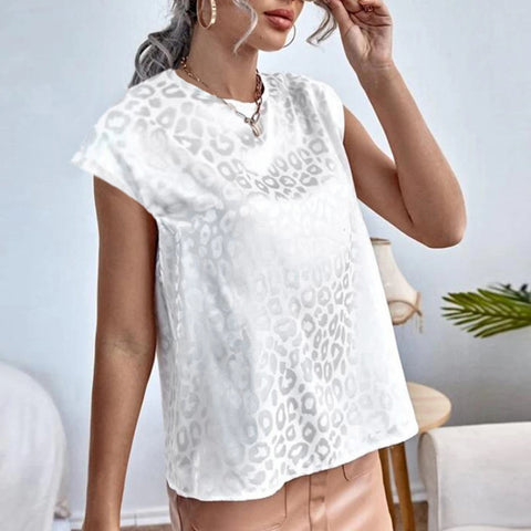 New Elegant Leopard Jacquard Satin O Neck Short Sleeve Casual Loose Top CODE: KAR2184