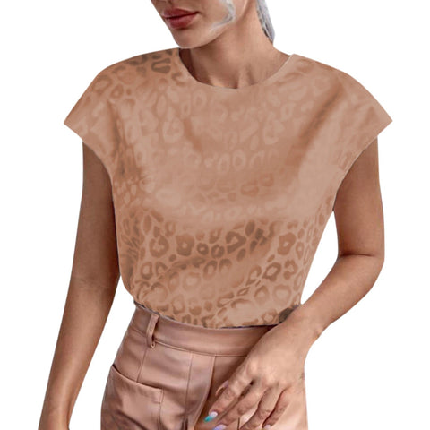 New Elegant Leopard Jacquard Satin O Neck Short Sleeve Casual Loose Top CODE: KAR2184