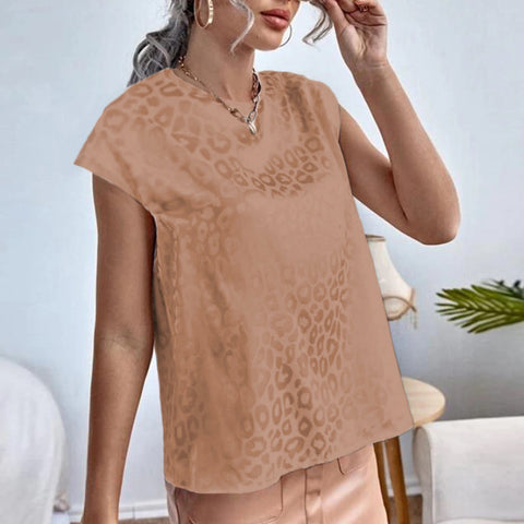 New Elegant Leopard Jacquard Satin O Neck Short Sleeve Casual Loose Top CODE: KAR2184