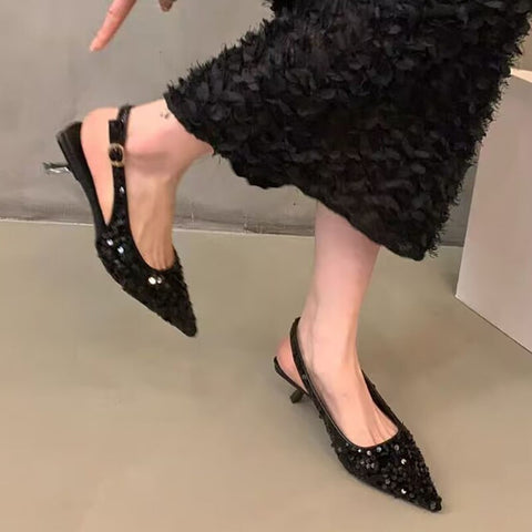 New Pointed Toe Slingbacks Glitter Pumps Low Heel Sandal CODE: KAR2186
