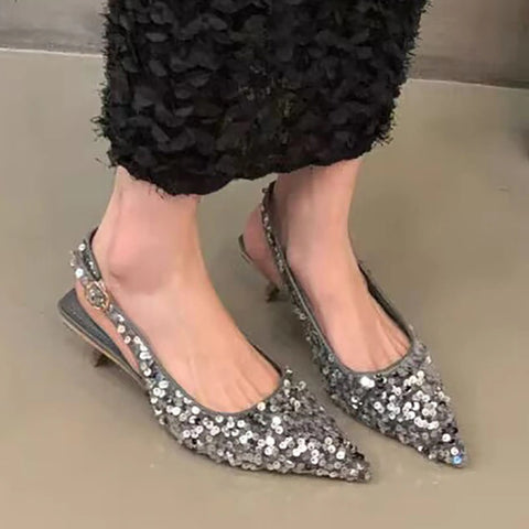 New Pointed Toe Slingbacks Glitter Pumps Low Heel Sandal CODE: KAR2186