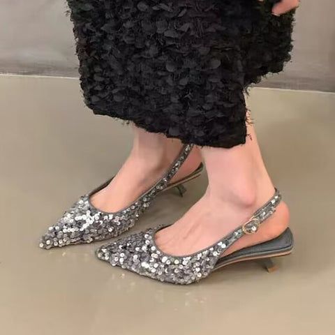 New Pointed Toe Slingbacks Glitter Pumps Low Heel Sandal CODE: KAR2186
