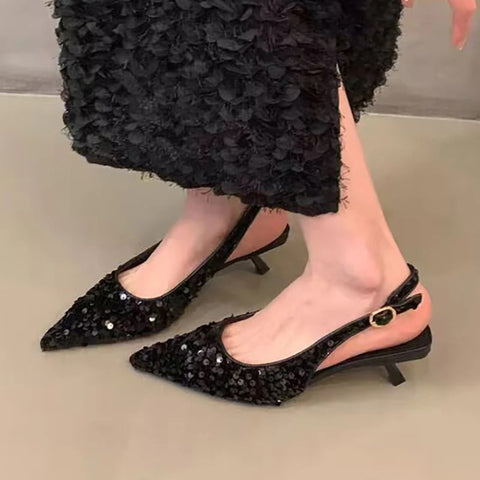 New Pointed Toe Slingbacks Glitter Pumps Low Heel Sandal CODE: KAR2186