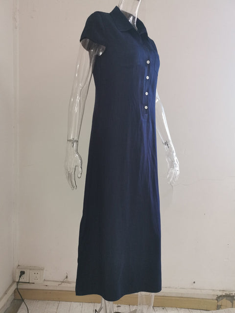 New Loose Elegant Button Pocket Short Sleeve Long Maxi Dress CODE: KAR2199