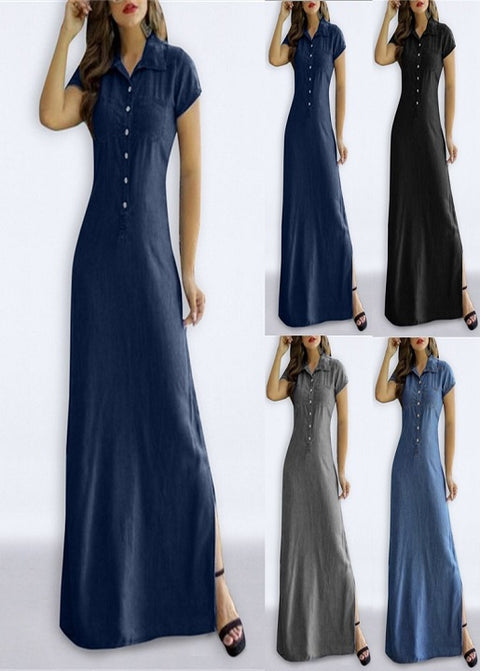 New Loose Elegant Button Pocket Short Sleeve Long Maxi Dress CODE: KAR2199