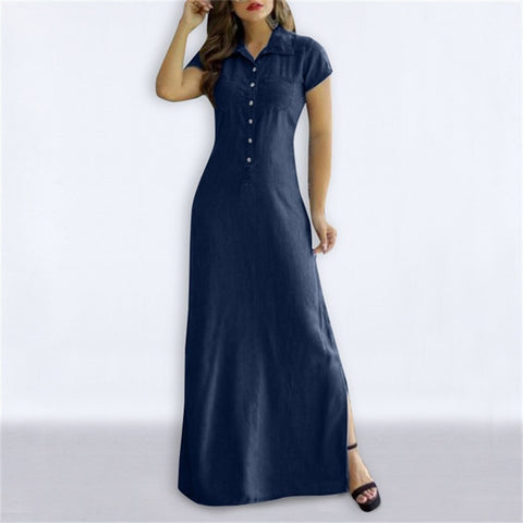 New Loose Elegant Button Pocket Short Sleeve Long Maxi Dress CODE: KAR2199