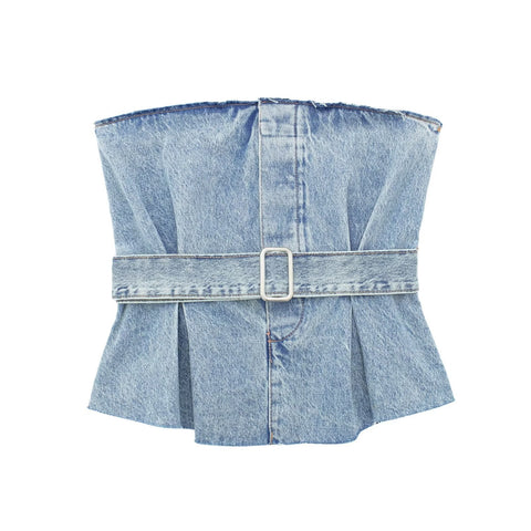 Summer Backless Belt Strapless Draped Tube Blue Tank Top CODE: KAR2200