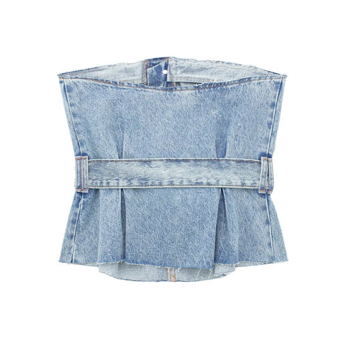 Summer Backless Belt Strapless Draped Tube Blue Tank Top CODE: KAR2200