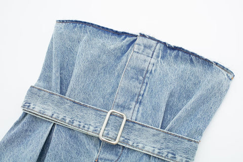 Summer Backless Belt Strapless Draped Tube Blue Tank Top CODE: KAR2200