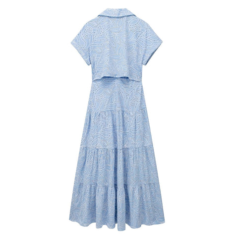 New Embroidery Blue Pleated Short Sleeve Shirt Long Midi Dress CODE: KAR2201