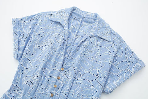 New Embroidery Blue Pleated Short Sleeve Shirt Long Midi Dress CODE: KAR2201