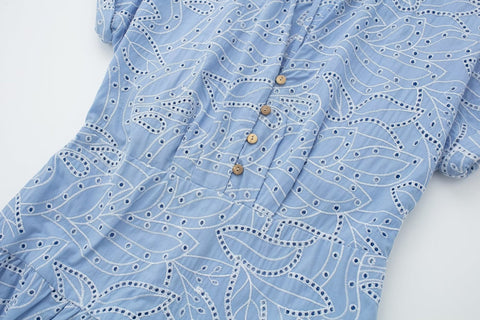 New Embroidery Blue Pleated Short Sleeve Shirt Long Midi Dress CODE: KAR2201