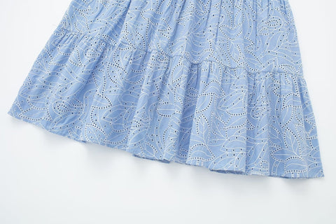 New Embroidery Blue Pleated Short Sleeve Shirt Long Midi Dress CODE: KAR2201