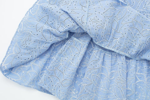 New Embroidery Blue Pleated Short Sleeve Shirt Long Midi Dress CODE: KAR2201