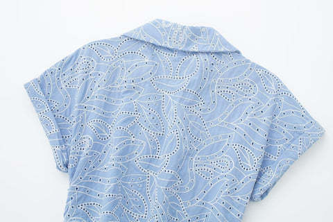 New Embroidery Blue Pleated Short Sleeve Shirt Long Midi Dress CODE: KAR2201