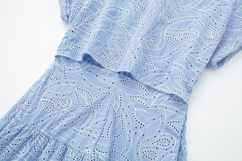 New Embroidery Blue Pleated Short Sleeve Shirt Long Midi Dress CODE: KAR2201